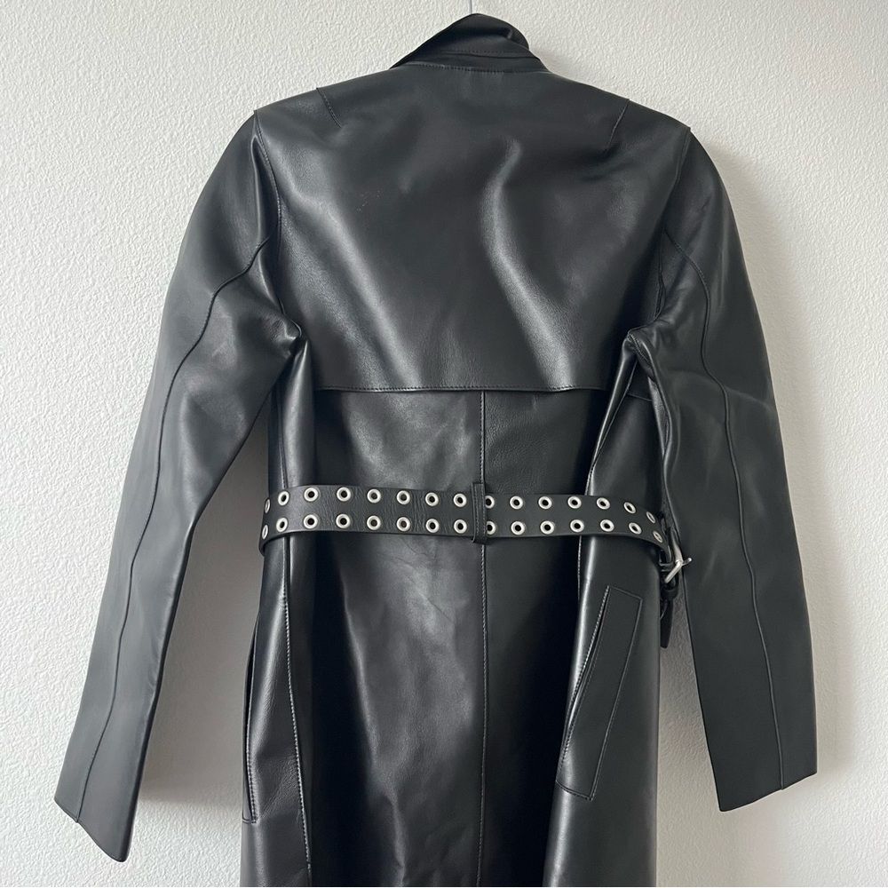 All Saints Farren Leather Belted Long Black Trench Coat Goth Grunge Moto 6 NEW - Picture 9 of 16